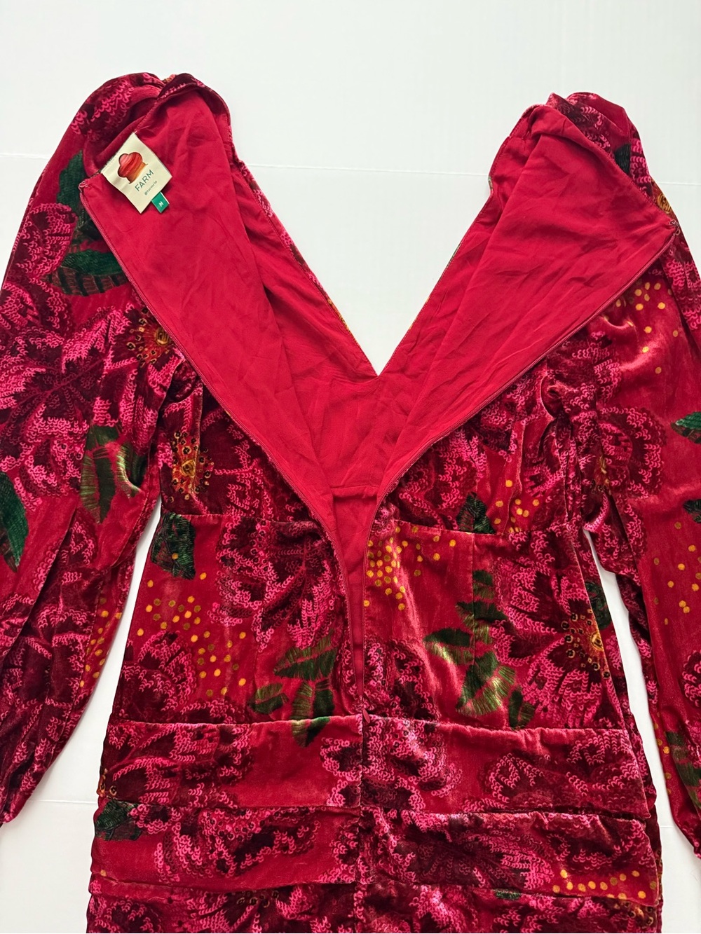 Farm Rio Red Shiny Flowers Velvet Mini Dress Medium Deep V Neck Ruched⁠ - Picture 14 of 16